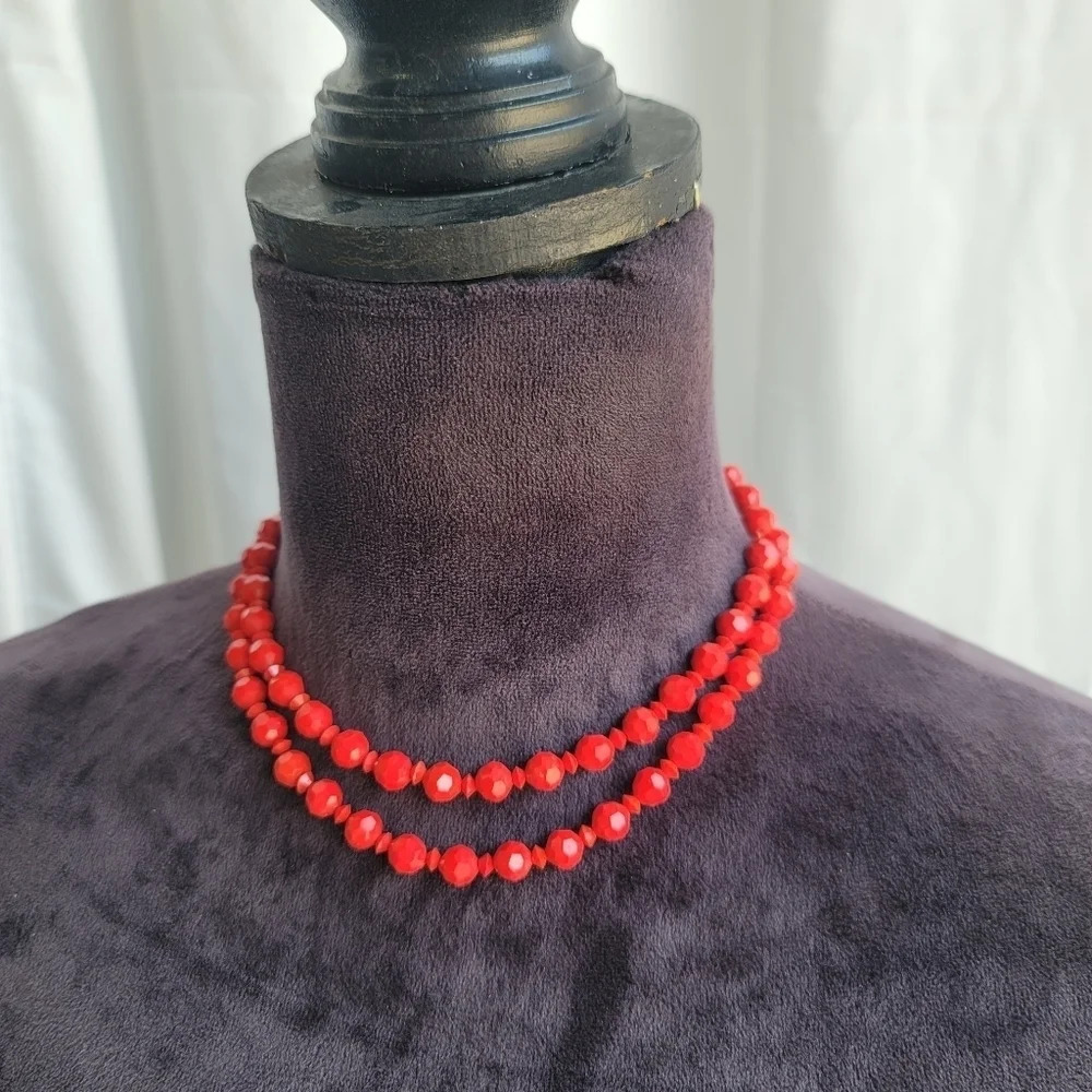 Vintage Women's Gorgeous Red Granule Double Layered Bead Necklace 13" +3"
